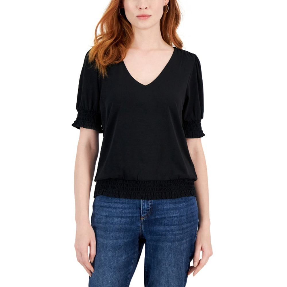 I.N.C. International Concepts Women's Small Black Smocked-Trim Blouse NWT